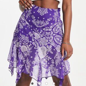 Raga Purple Handkerchief Hem Floral Print Skirt Smocked Waist Size XS